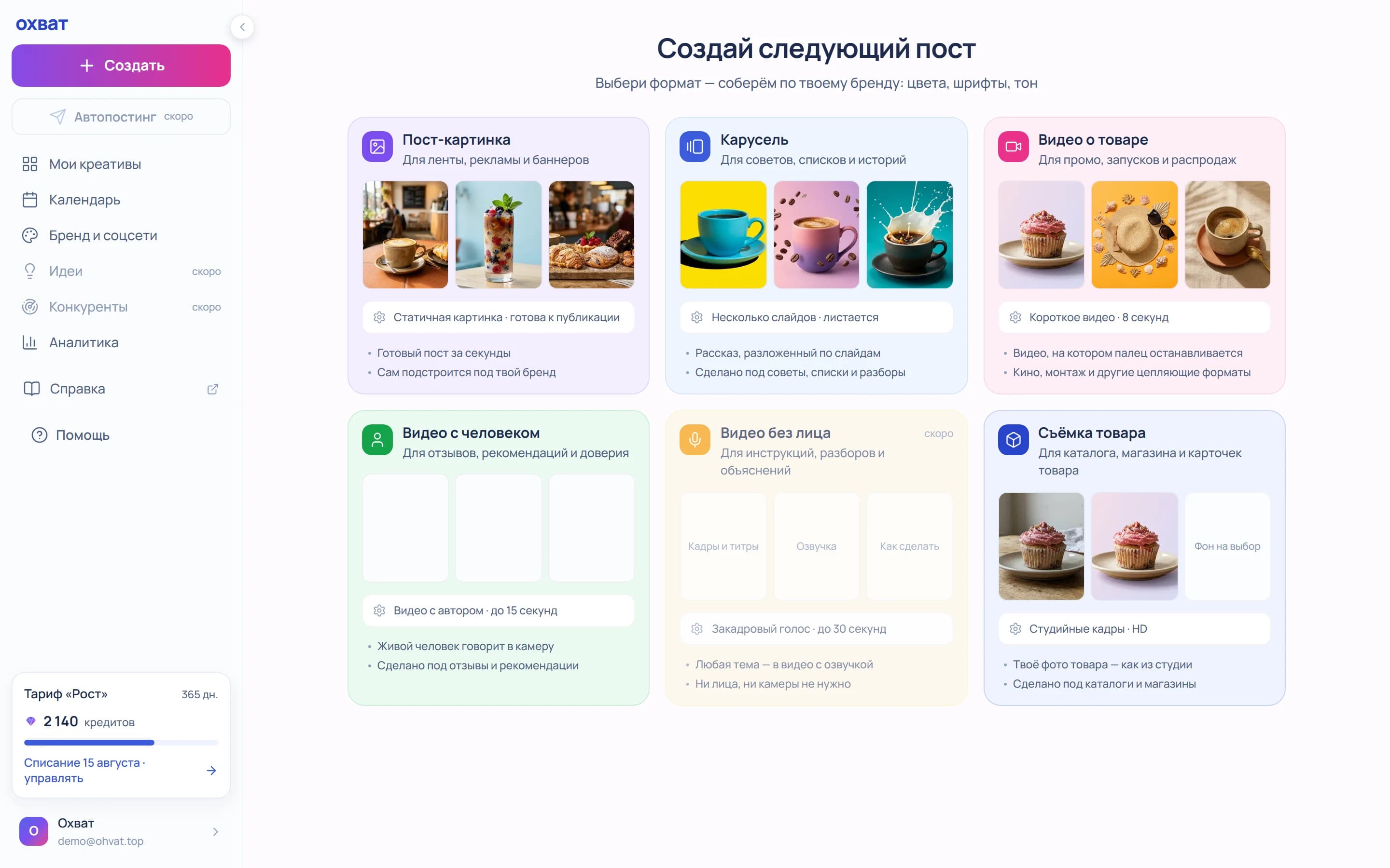 Главный экран кабинета Охвата с форматами генерации